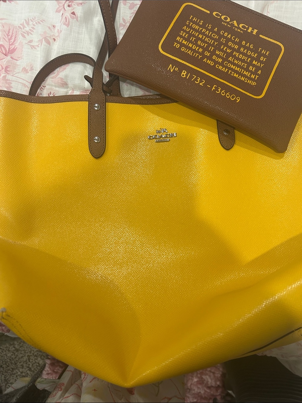 Coach Yellow Tote with Brown Trim and Matching Brown Pouch